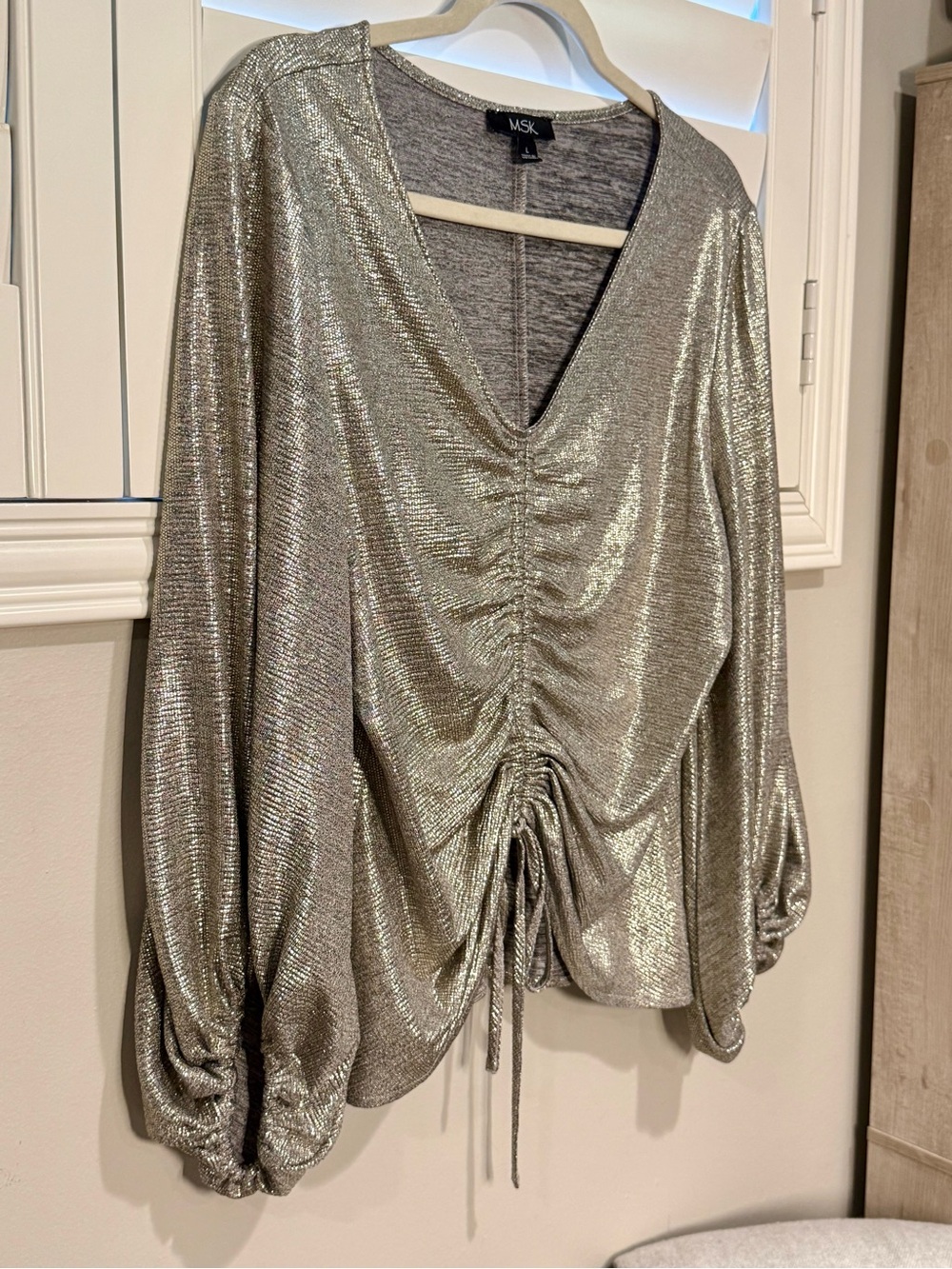 MSK Metallic Silver Ruched V-Neck Drawstring Top - Picture 5 of 5